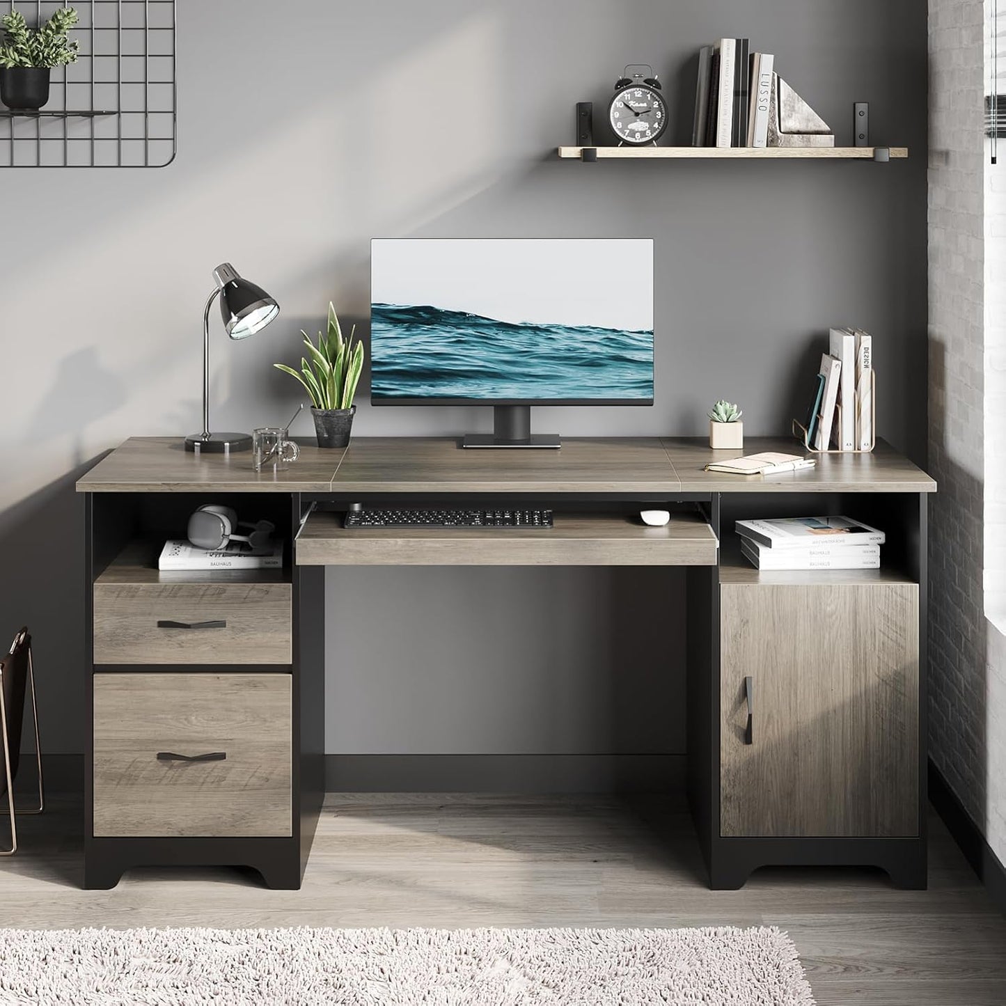 Industrial Gray Executive Desk - Ample Storage & Organization