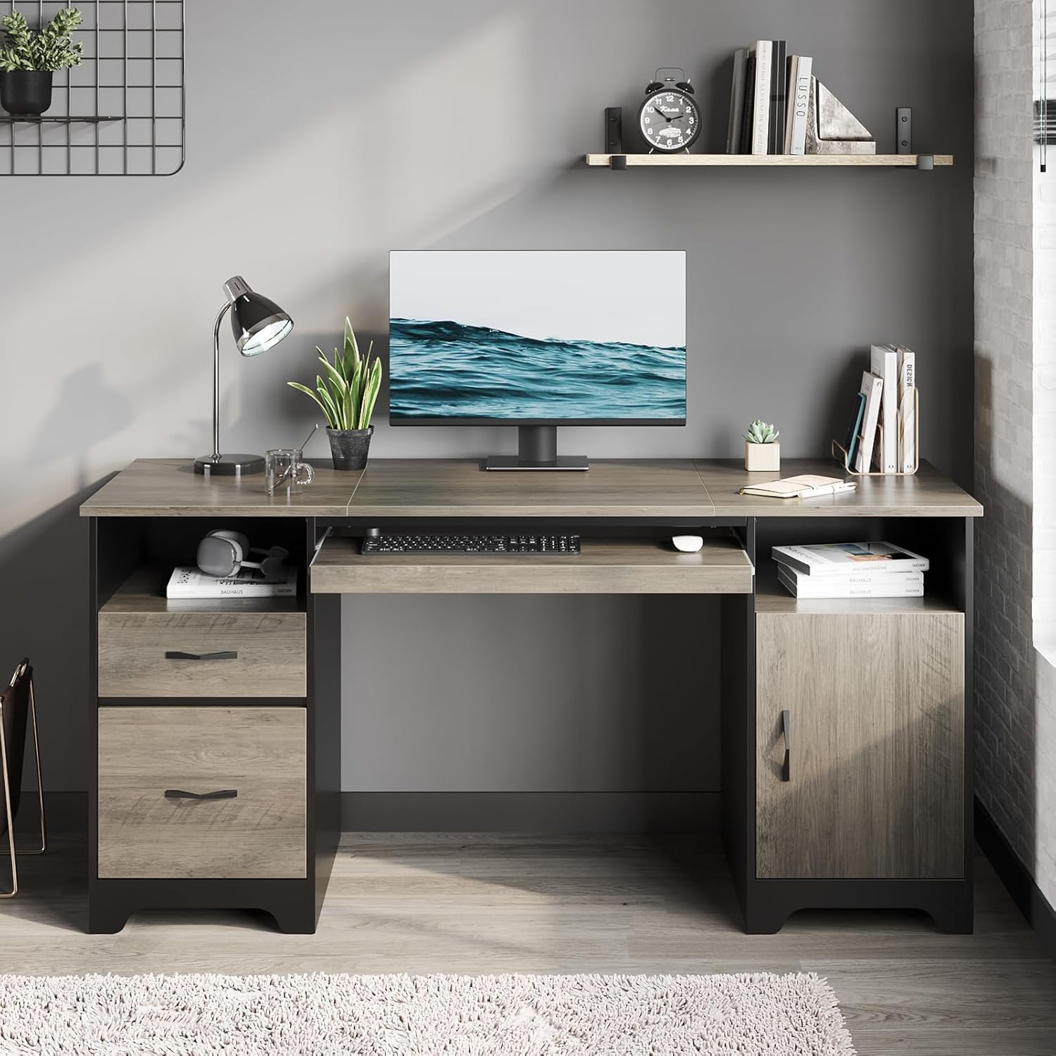 Industrial Gray Executive Desk - Ample Storage & Organization