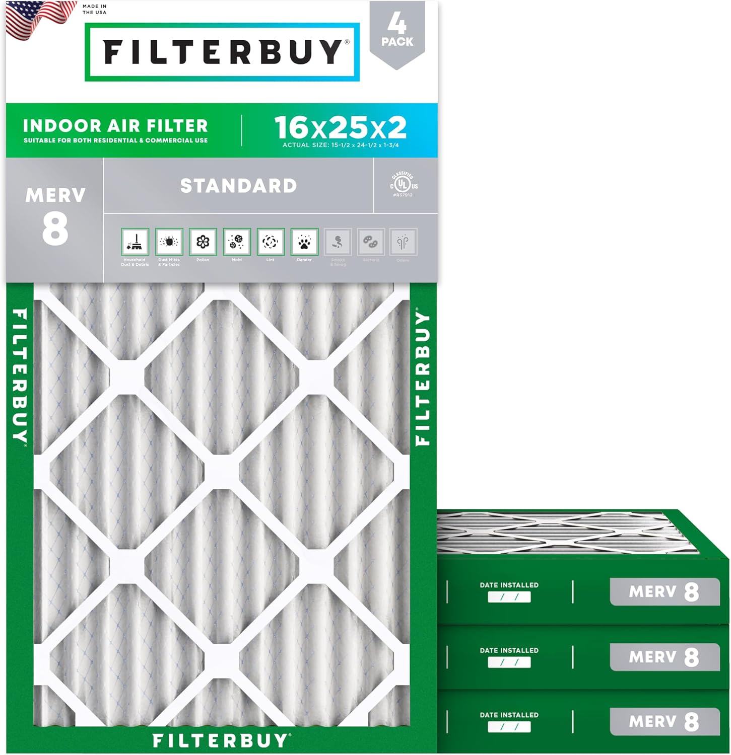 Filterbuy 16x25x2 Air Filter MERV 8 for Dust & Allergy Defense