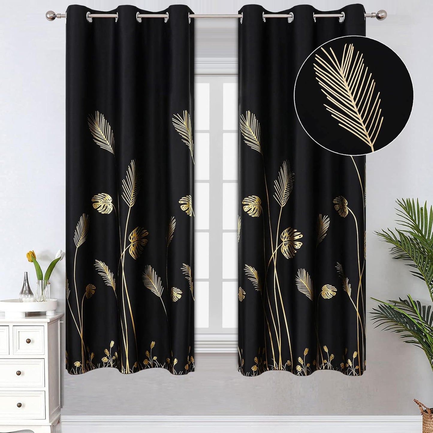 Grommet Blackout Window Curtains with Palm Leaf Design for Elegance