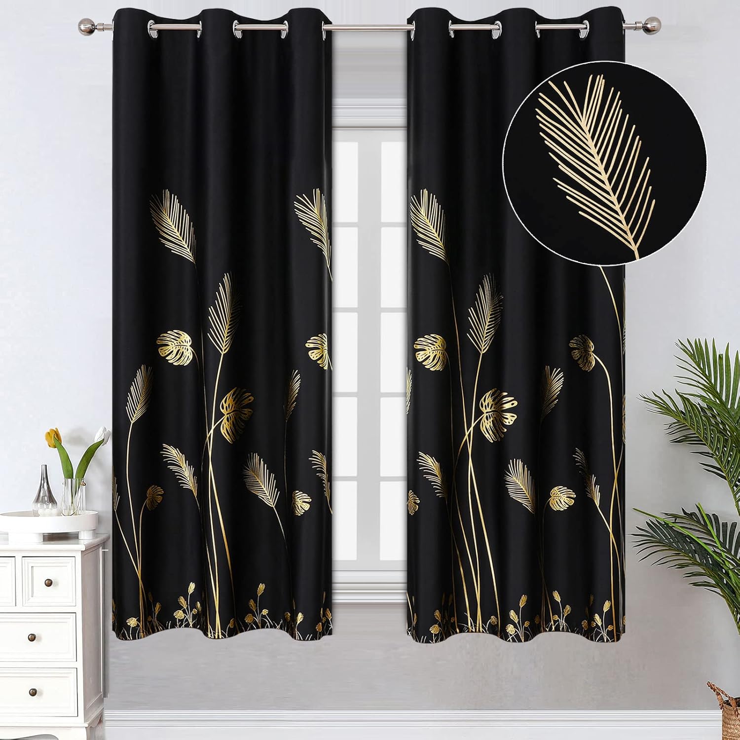 Grommet Blackout Window Curtains with Palm Leaf Design for Elegance