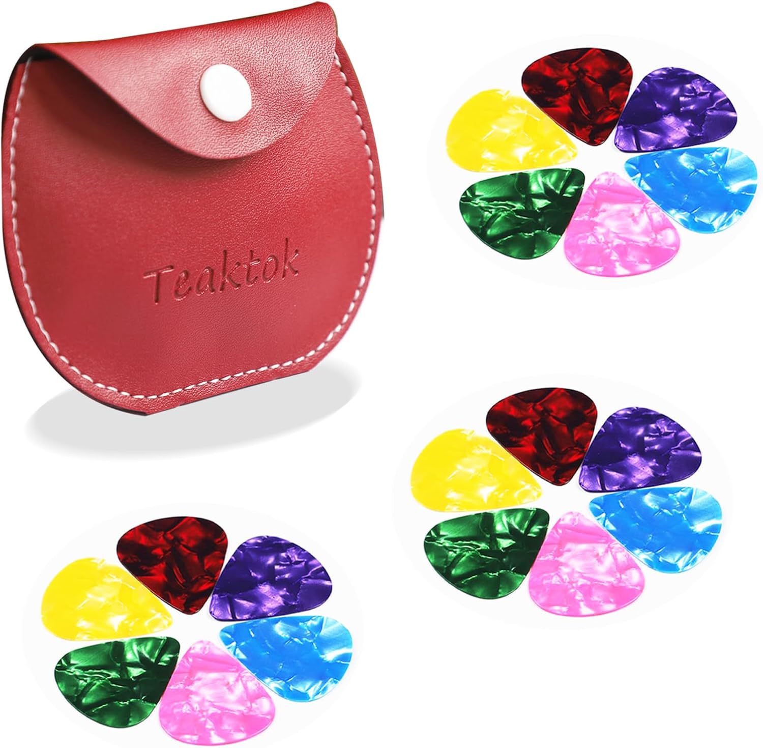 Teaktok Guitar Picks Variety Pack with Leather Case - Thin, Medium, Heavy Thickness, Celluloid Plectrums for All Guitars