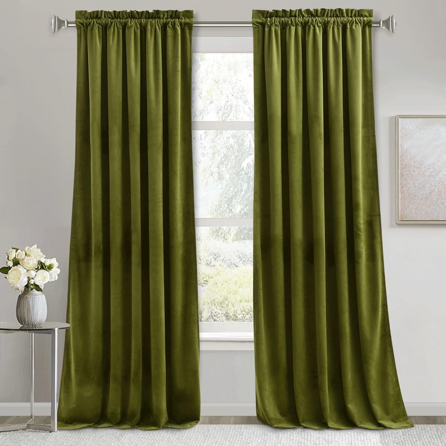 RYB HOME Moss Green Velvet Curtains for Elegant Living Spaces
