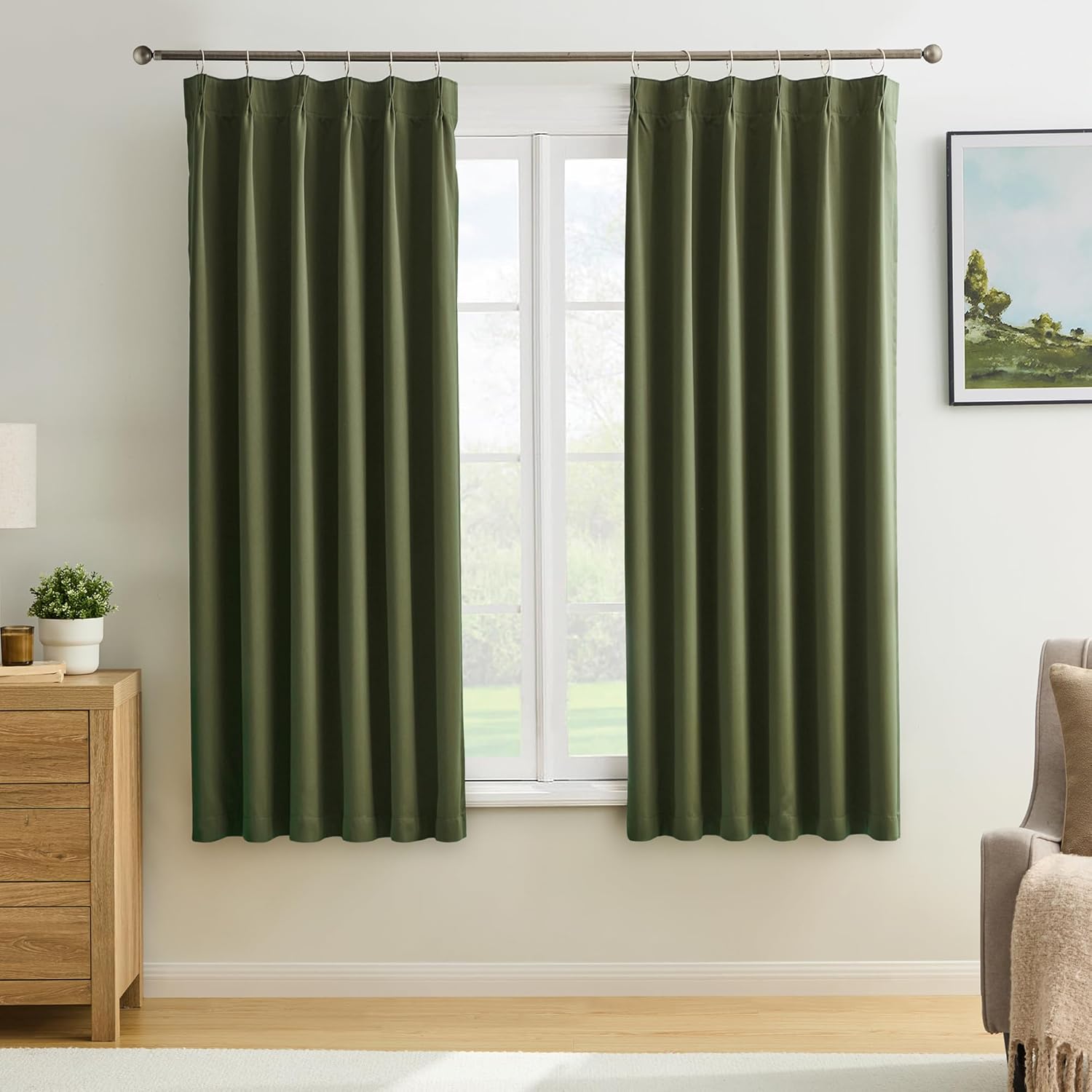 KEQIAOSUOCAI Dark Olive Pinch Pleated Curtains for Bedrooms