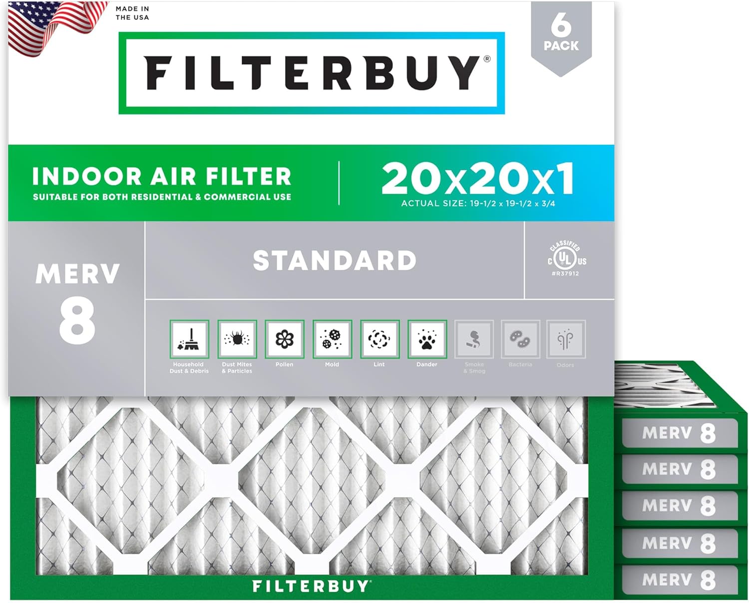 Filterbuy 20x20x1 Air Filter MERV 8 for Dust and Allergy Defense
