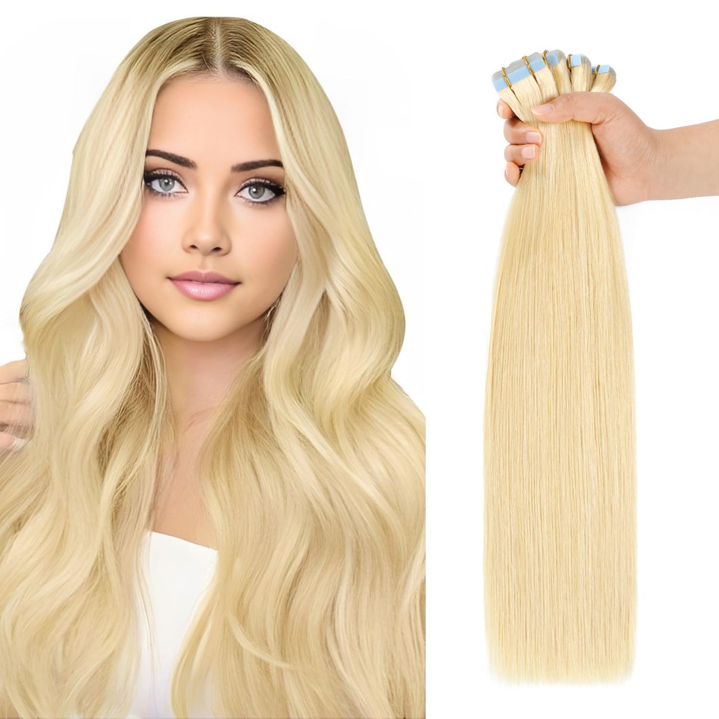 Tape in Hair Extensions Human Hair 24 Inch Bleach Blonde