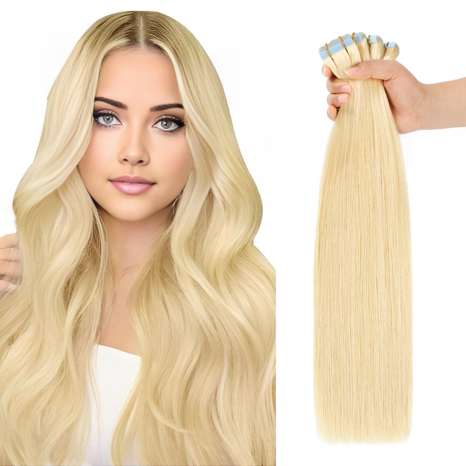 Tape in Hair Extensions Human Hair 24 Inch Bleach Blonde