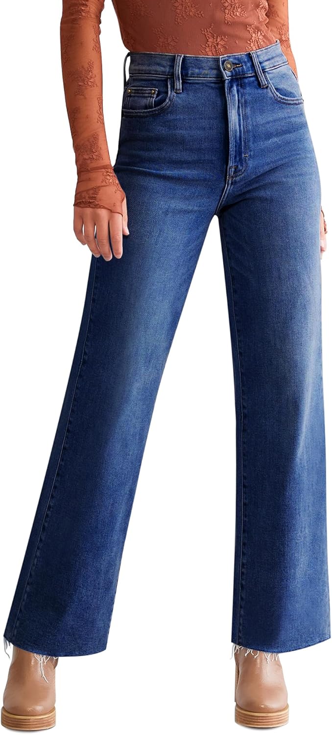 Trendy High Waisted Straight Leg Jeans for Women with Frayed Hem