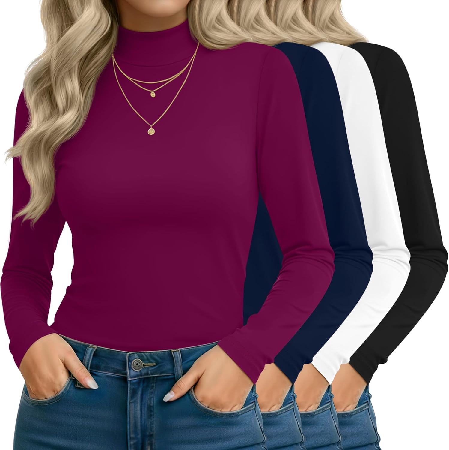 Mock Turtleneck Tops for Women - Slim Fitted Long Sleeve Shirts