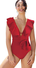 One Piece Swimsuit V-Neck Ruffle Monokini - Flattering Wine Red
