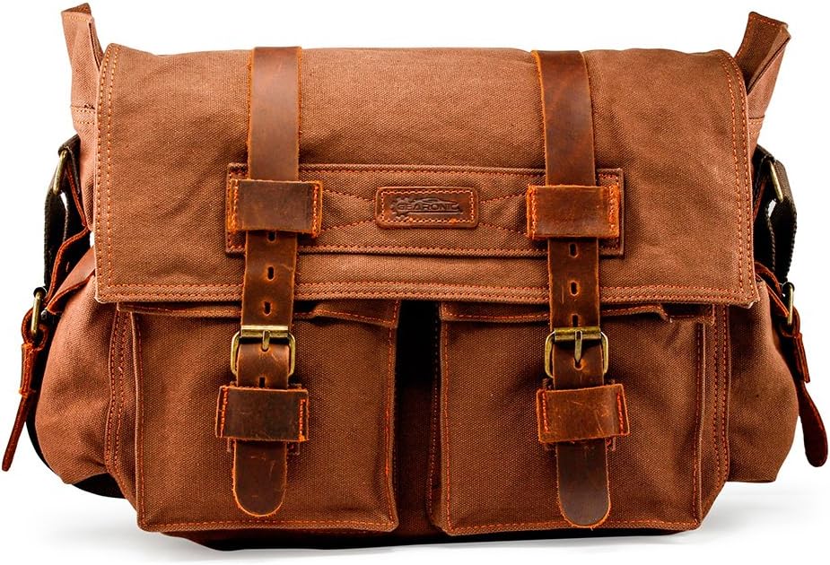 Messenger Bag for Laptop Vintage Canvas Leather Crossbody Satchel