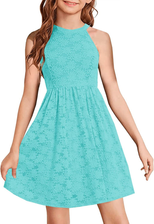 Elegant Floral Lace A-line Flared Swing Dress for Girls 6-12