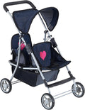 Double Baby Doll Stroller for Twin Dolls - Durable Denim Tandem Toy
