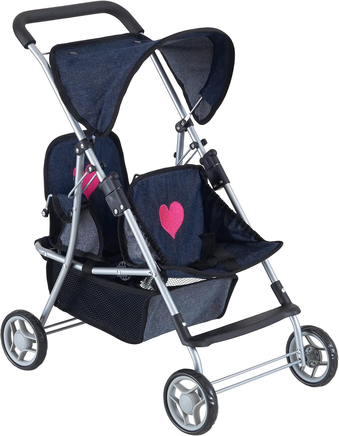 Double Baby Doll Stroller for Twin Dolls - Denim Playtime Fun
