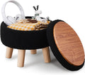 Black Teddy Velvet Storage Ottoman Round Footrest - Compact Accent