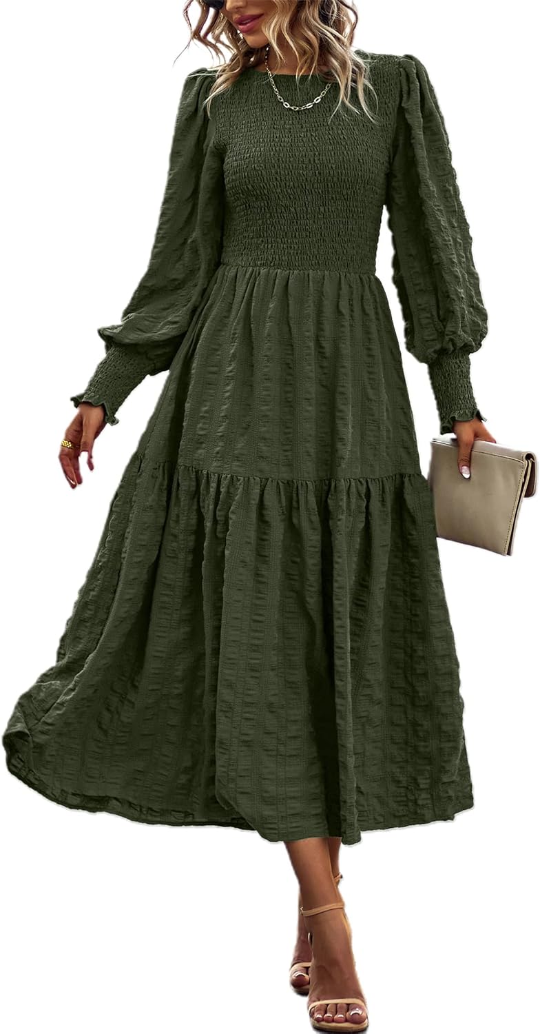 PRETTYGARDEN Women Puff Long Sleeve Smocked Maxi Dress 2025