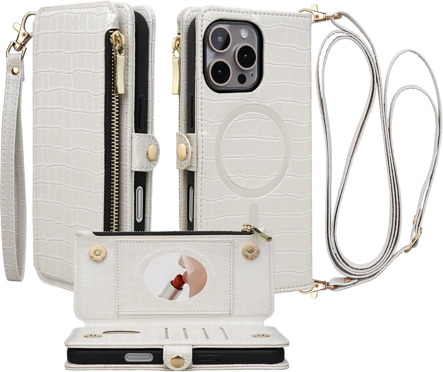 Crossbody Wallet Case for iPhone 16 Pro Max with Mirror