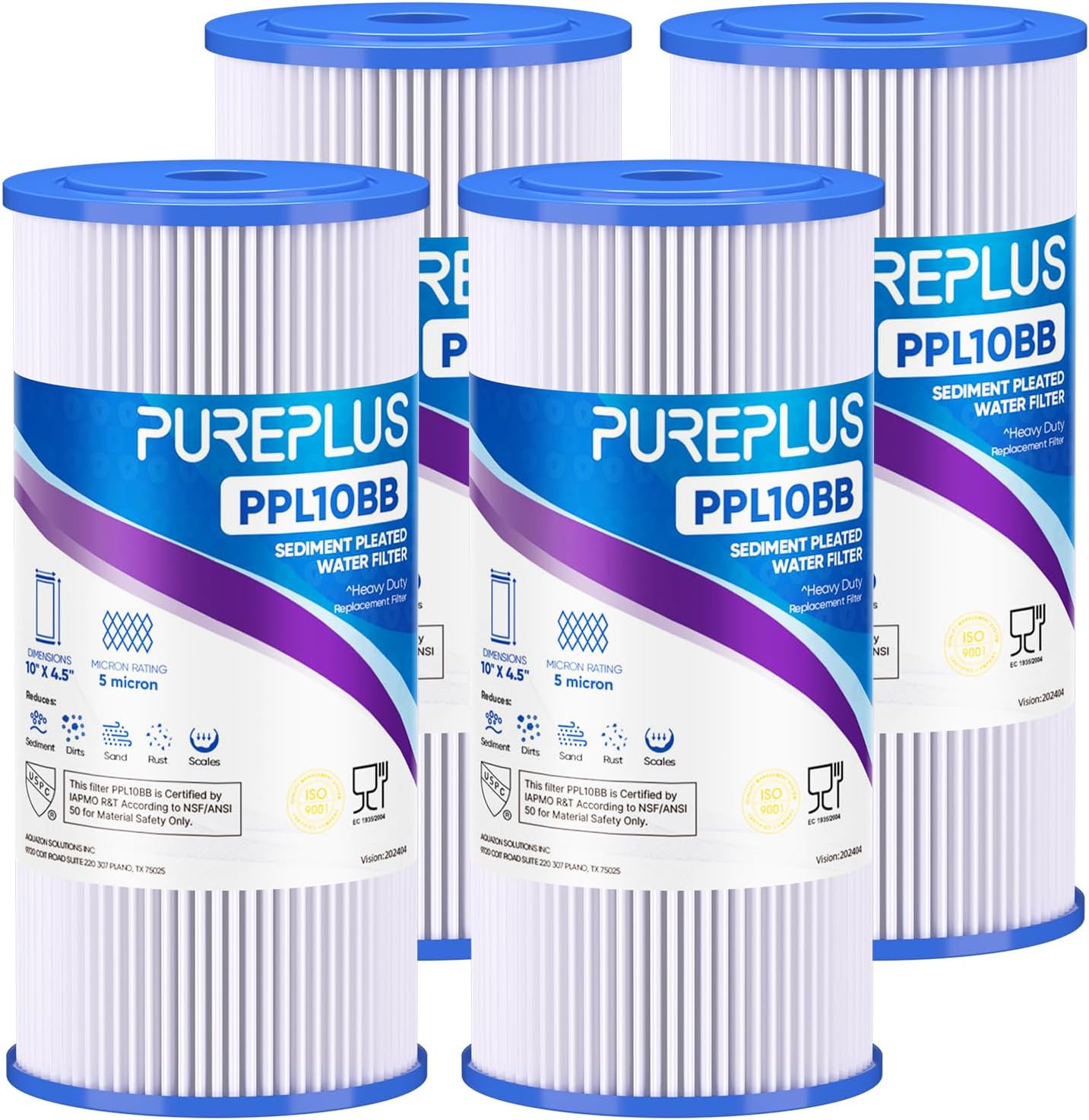 PUREPLUS 5 Micron Whole House Pleated Sediment Filter 4Pack