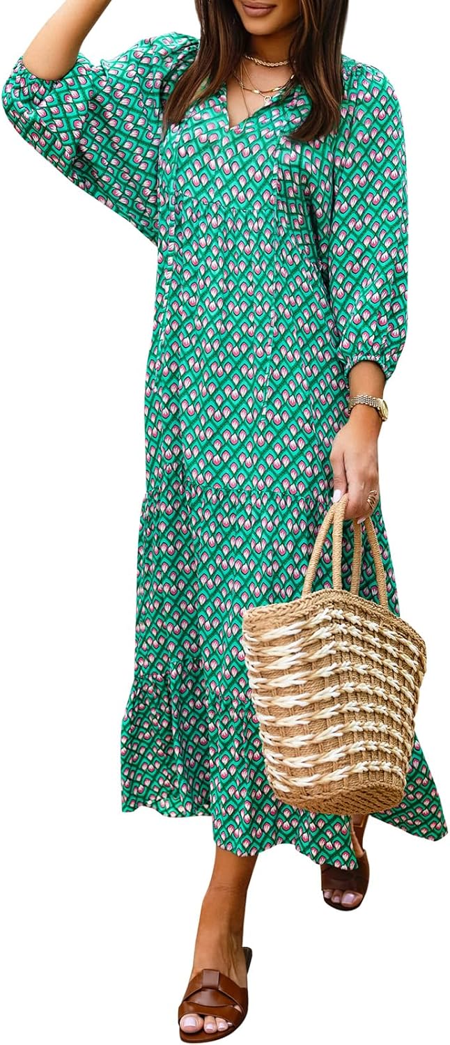 Miduo Womens Loose Fit Casual Summer V Neck Maxi Dress