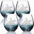 Sea Turtle Wine Glasses Set 4 - 13.3oz Crackle Teal Stemless Tumblers