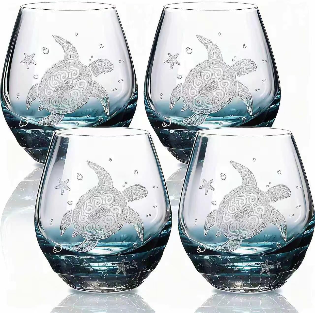 Sea Turtle Wine Glasses Set 4 - Hand Blown Teal Design Gift