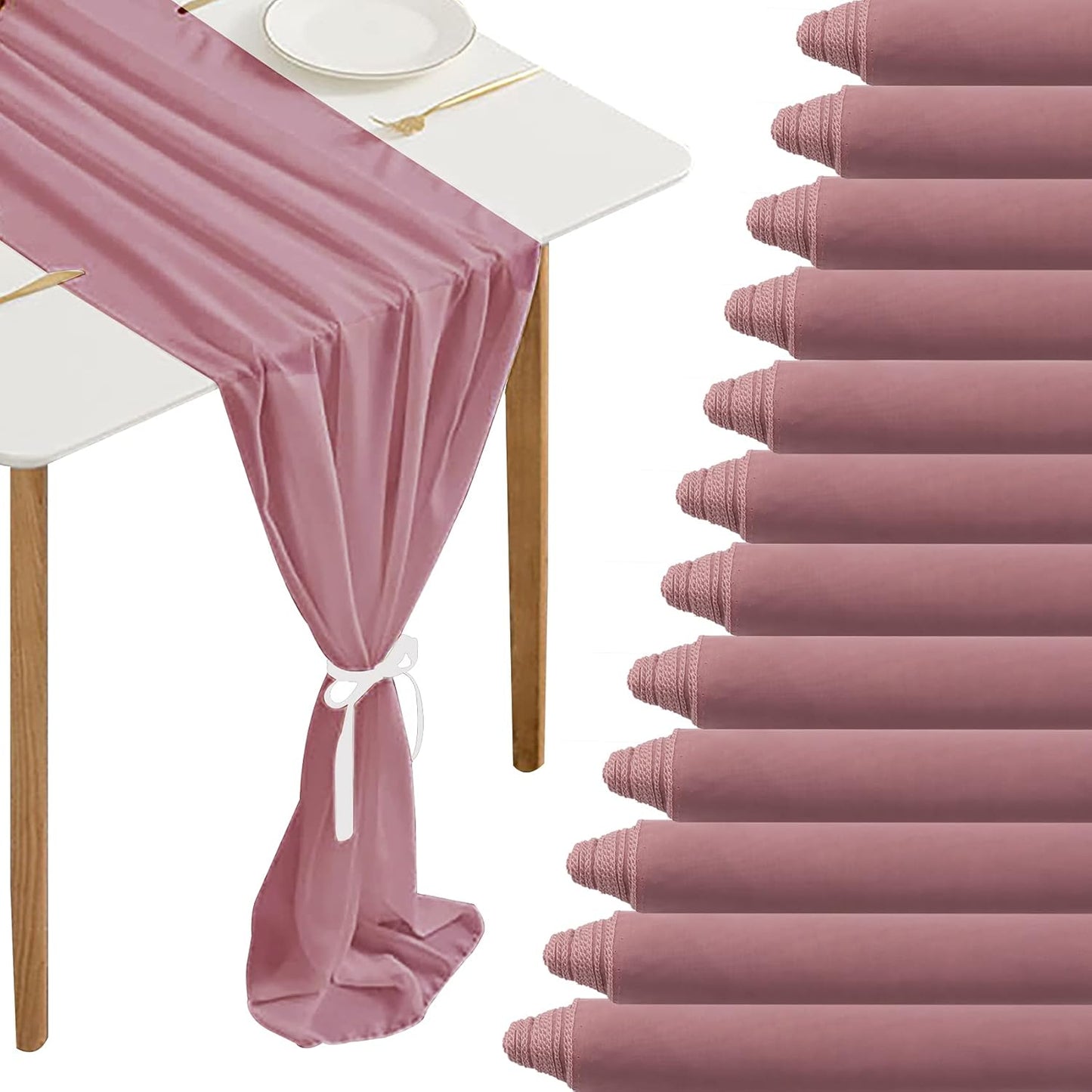 12 Packs Dusty Rose Chiffon Table Runner for Elegant Decor