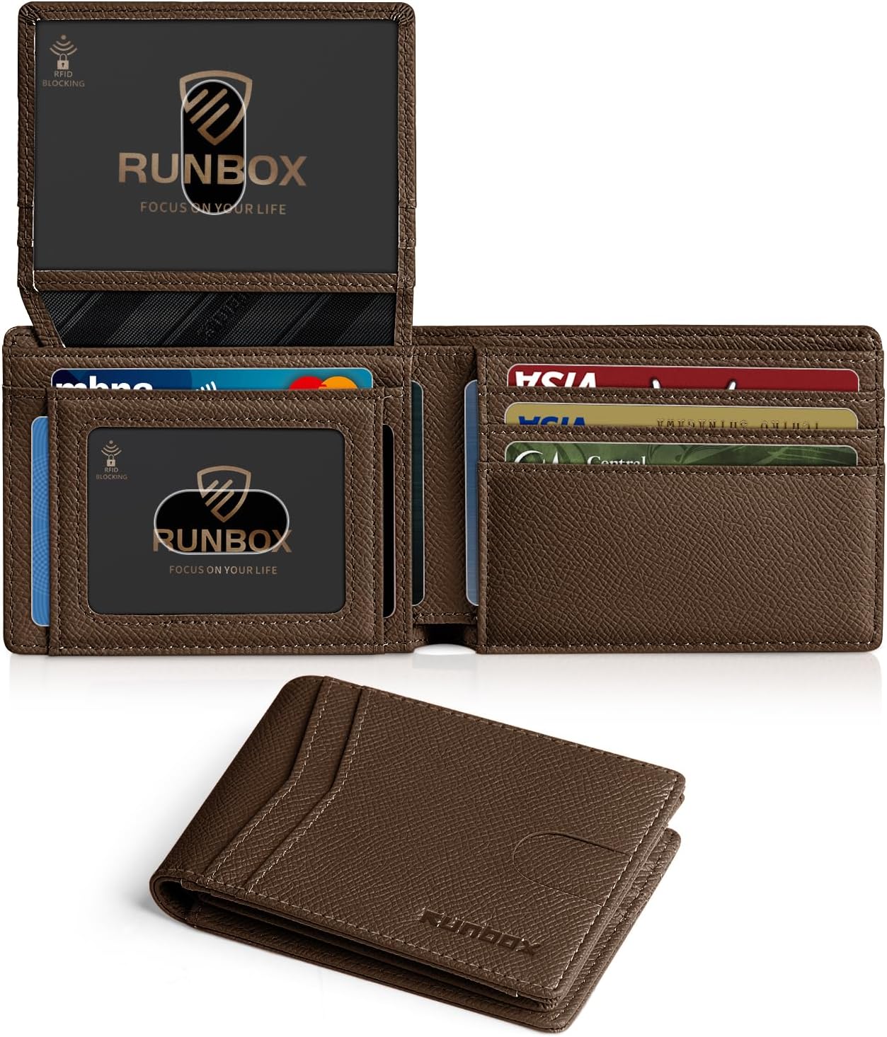 RUNBOX Slim RFID Leather Wallet for Men with 2 ID Windows