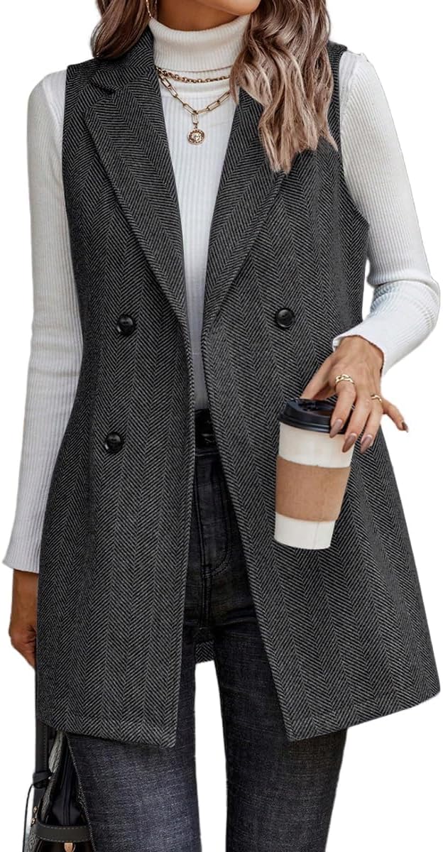 IDEALSANXUN Long Vest for Women Sleeveless Tweed Blazer