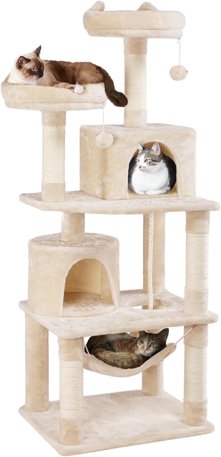 62.5in Cat Tree Tower with Hammock and Scratching Posts for Cats