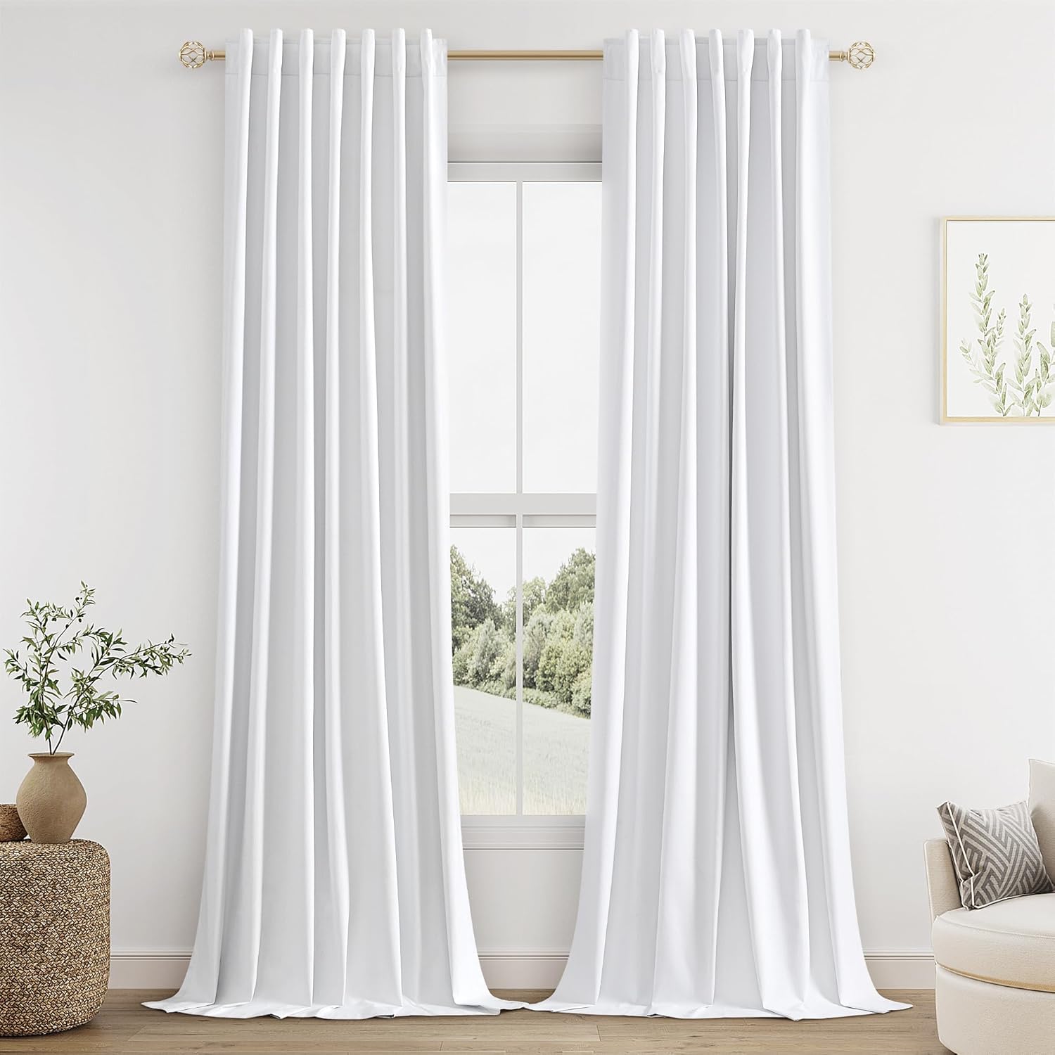 Guken White Linen Blackout Curtains for Total Room Darkening