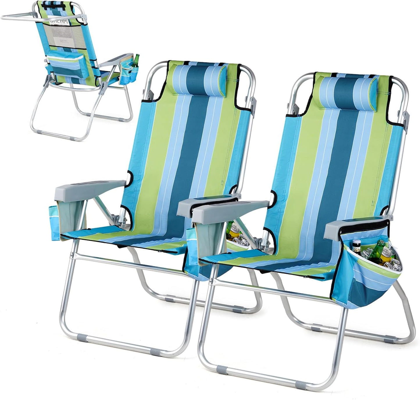 VINGLI Tall Beach Chairs 2 Pack - 5-Position & Cooler Bag!