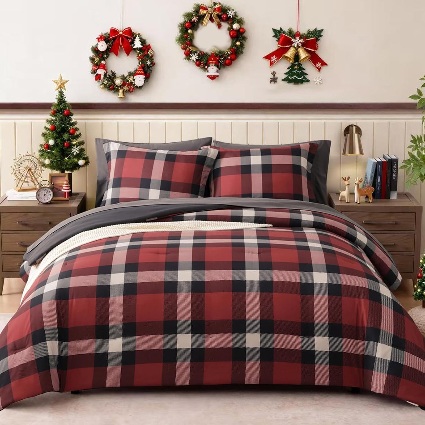 Full Size Comforter Set in Red Plaid for Boys and Girls