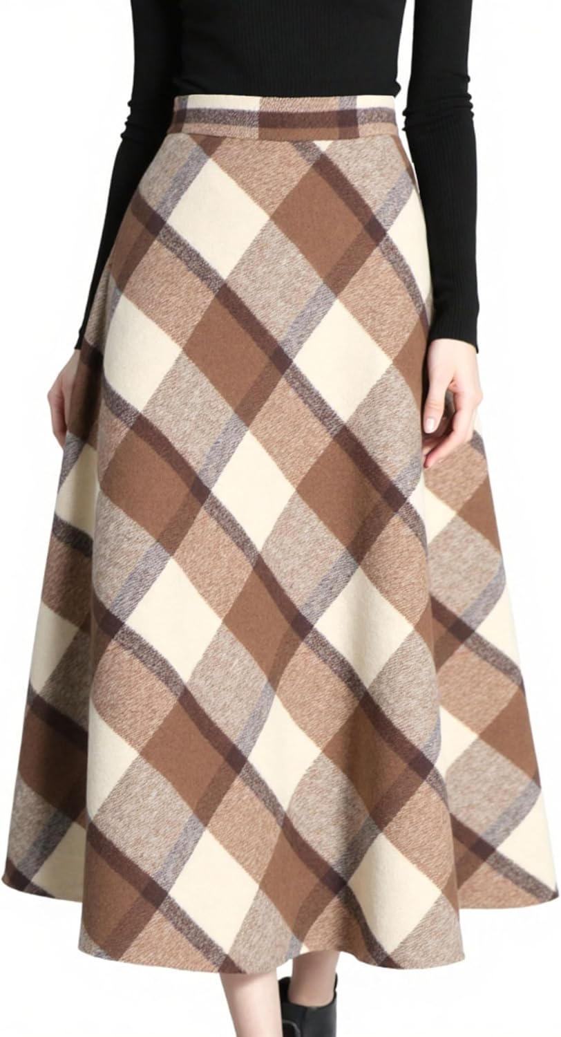 Tanming Women's Winter Warm Wool Plaid A-Line Long Skirt Review