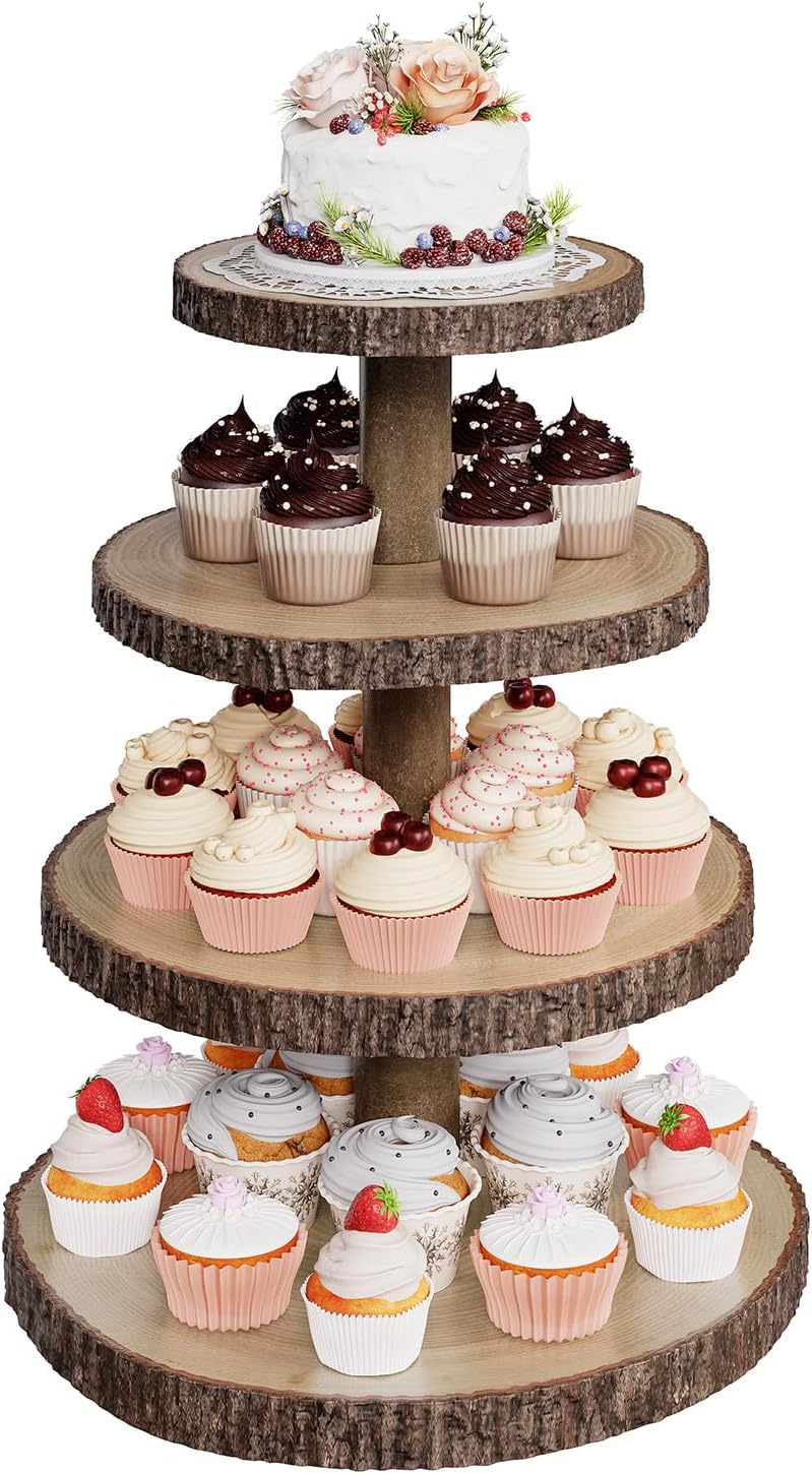 Wood Cupcake Stand - 4 Tier Rustic Display Holder for Events