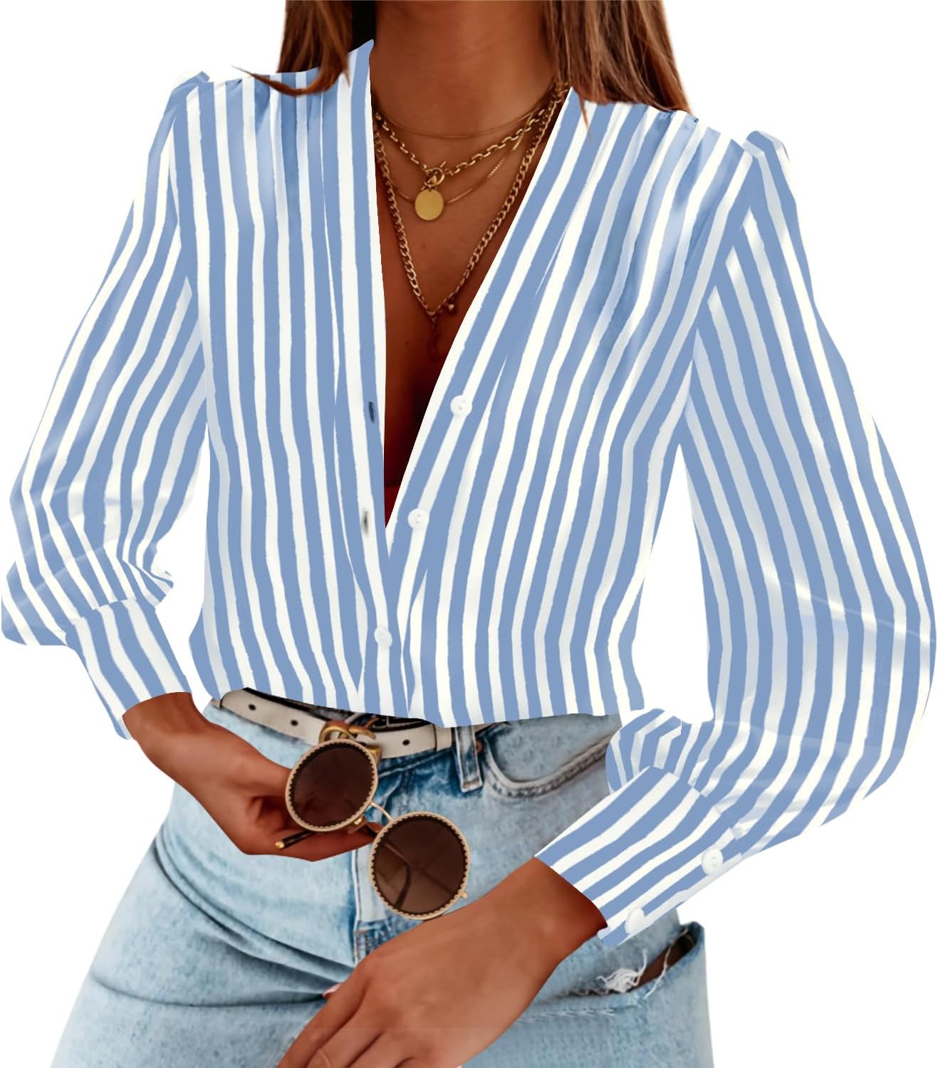 Women's Business Casual Tops Long Sleeve V Neck Chiffon Blouses