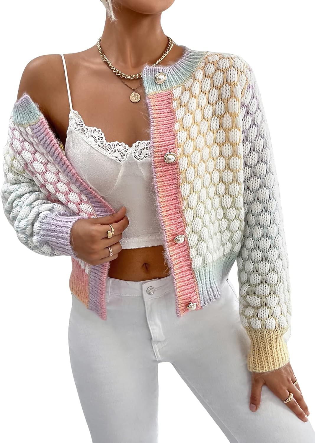 GORGLITTER Women's Colorful Cropped Cardigan for Fall Style