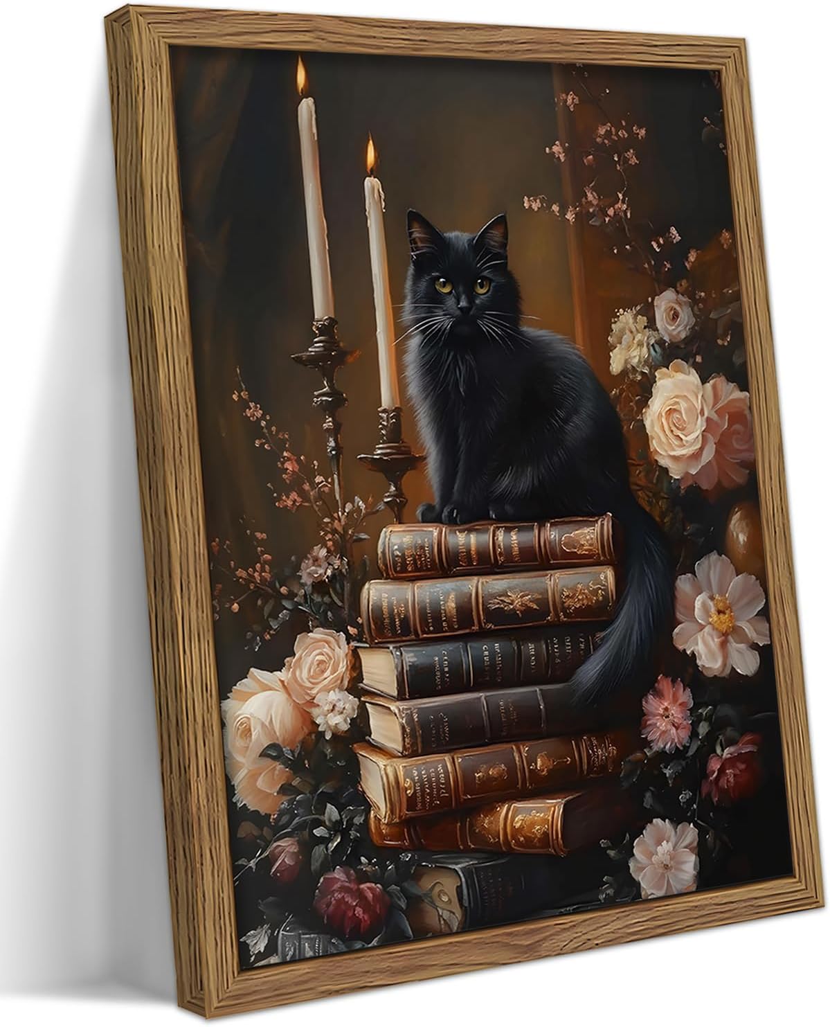 Vintage Dark Academia Framed Wall Art with Black Cat Design