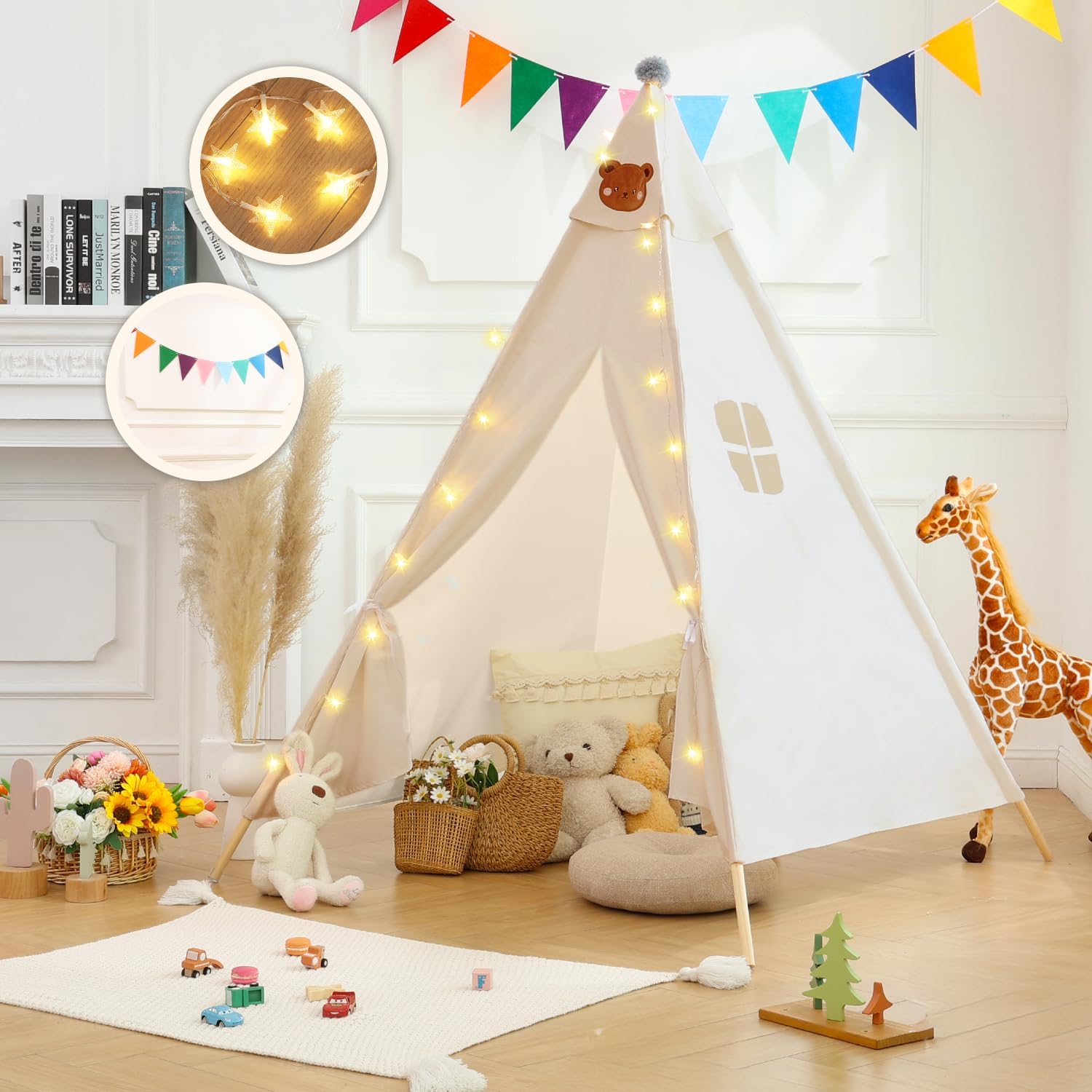 Kids Teepee Tent with Star Lights & Flags - Indoor/Outdoor Fun!