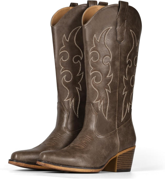 IUV Cowboy Boots for Women with Chunky Heel and Snip Toe