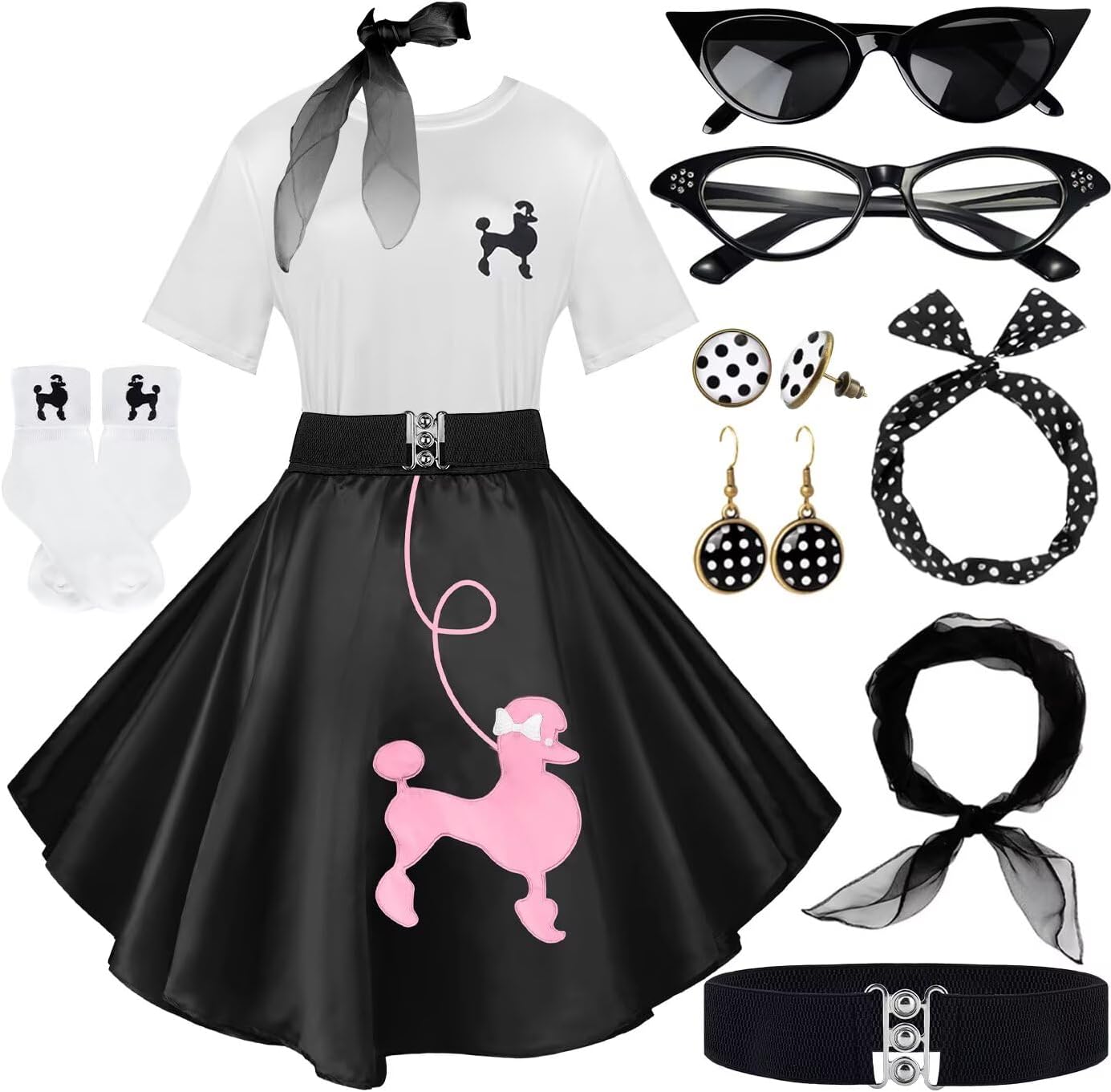 10Pcs Sock Hop Outfits Women with 1950s Poodle Skirts