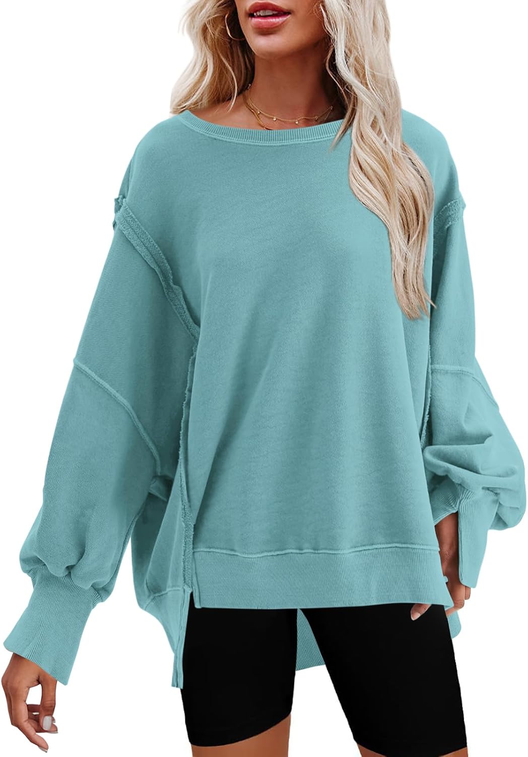 Nirovien Womens Oversized Crewneck Sweatshirt with Side Slits