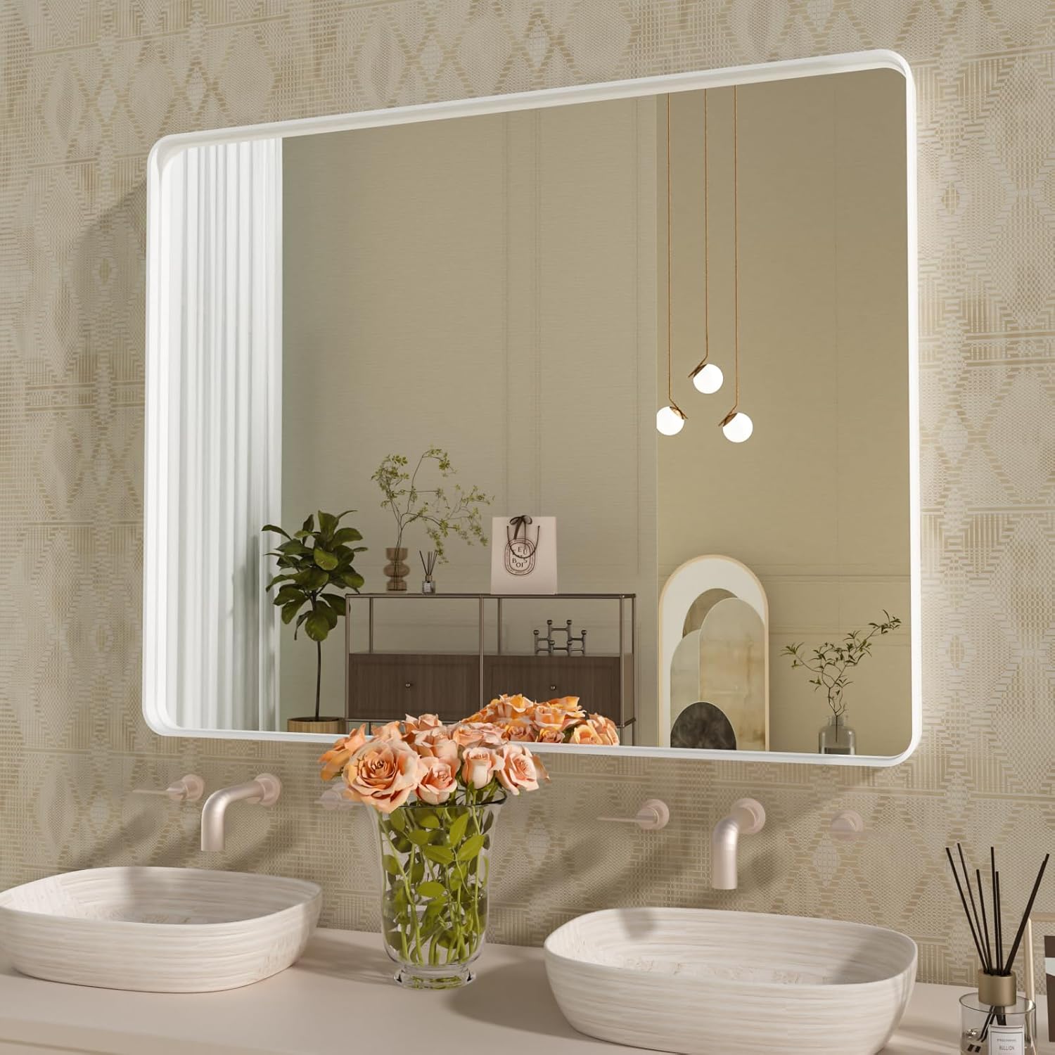 WEER White Bathroom Mirror 40X30 Inch with Rounded Rectangle Frame