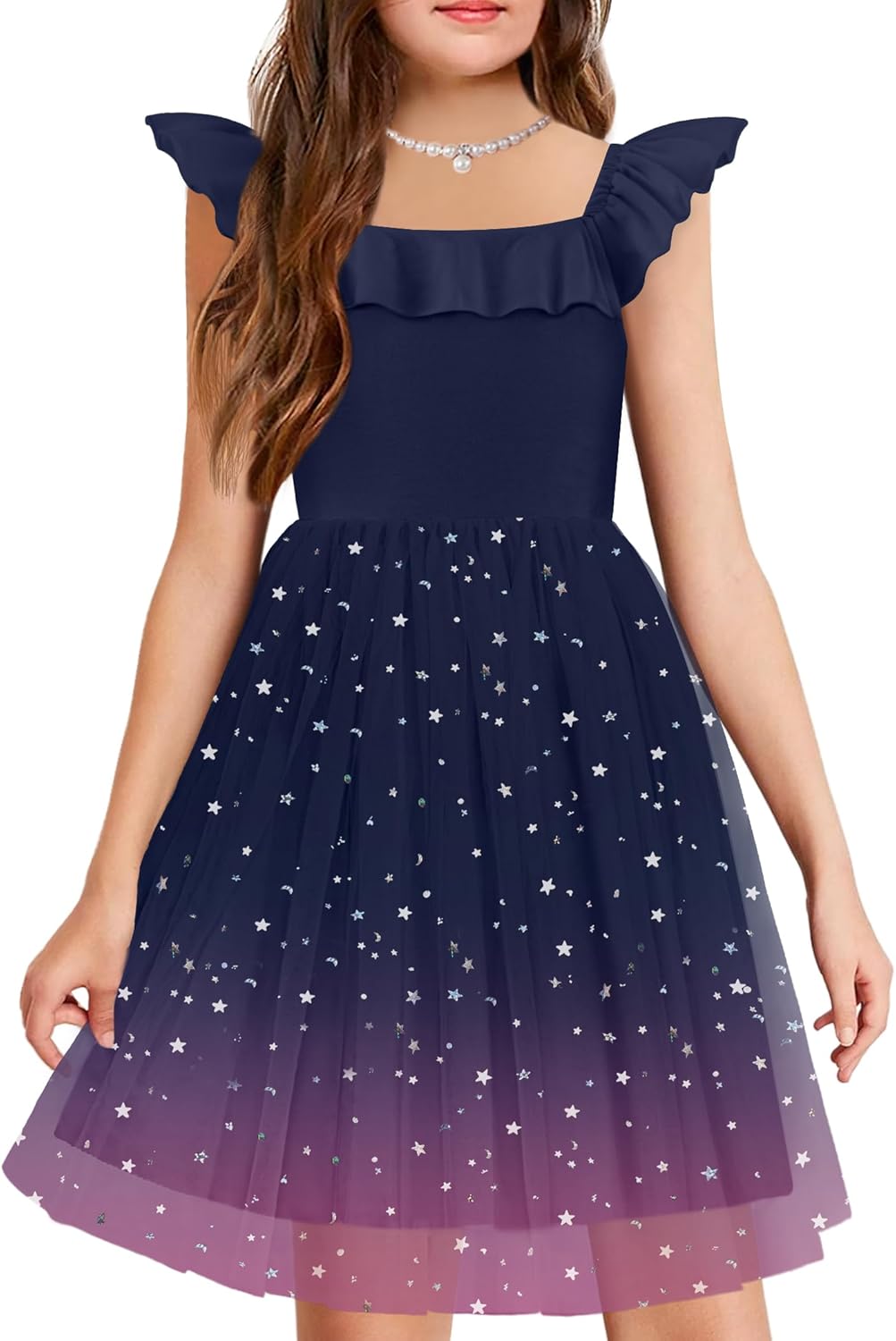Arshiner Girls Dresses Summer Ruffle Sleeve Tulle Dress 6-14 Years