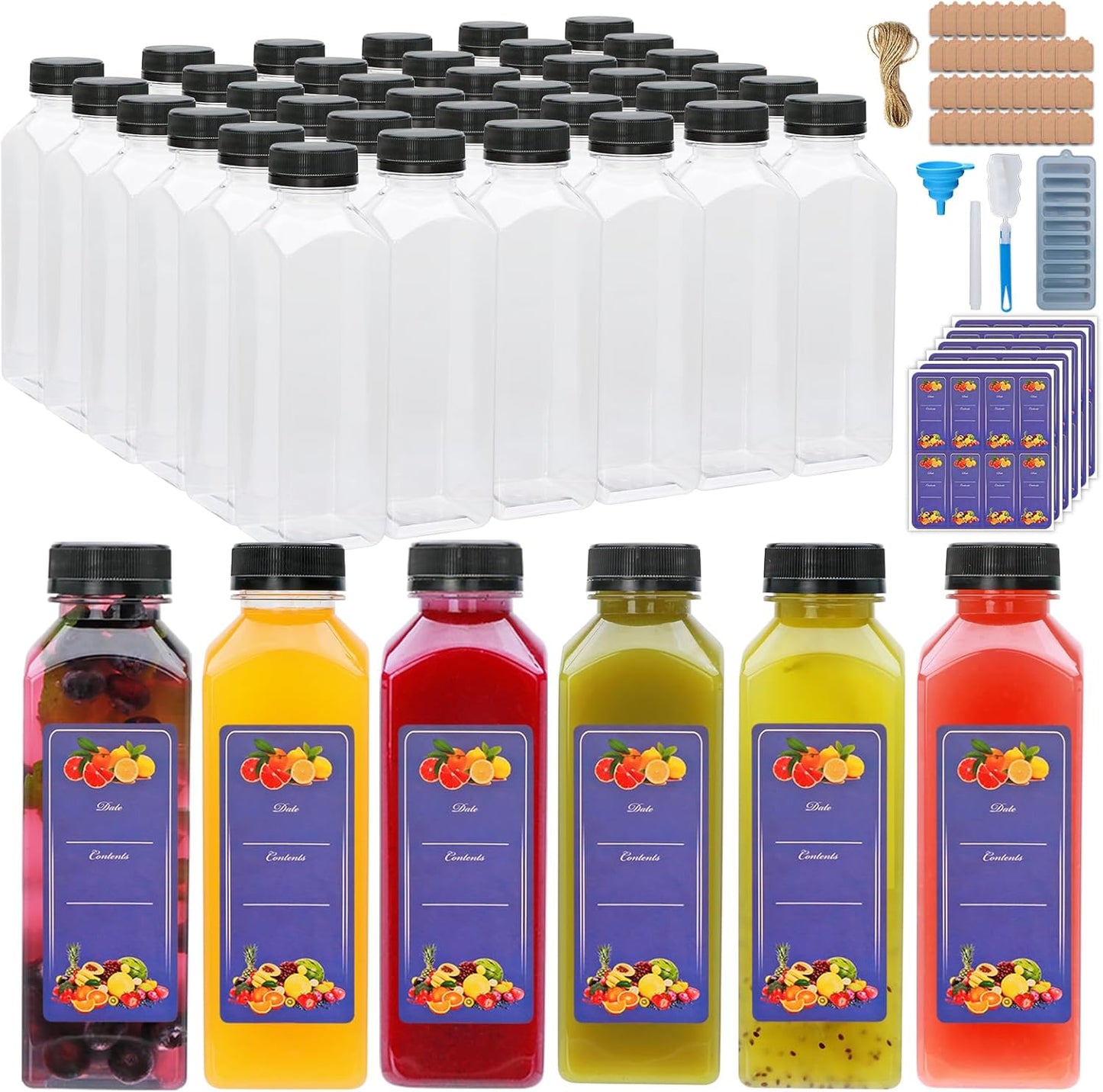16oz Plastic Juice Bottles with Caps for Juicing and More