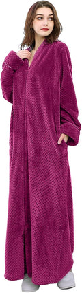Hellomamma Womens Zip Up Long Fleece Bathrobe - Warm Plush Winter Robe