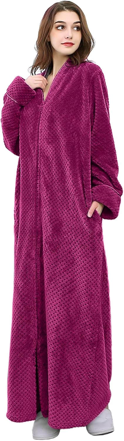 Warm Plush Winter Robe for Women - Long Zipper Bathrobe