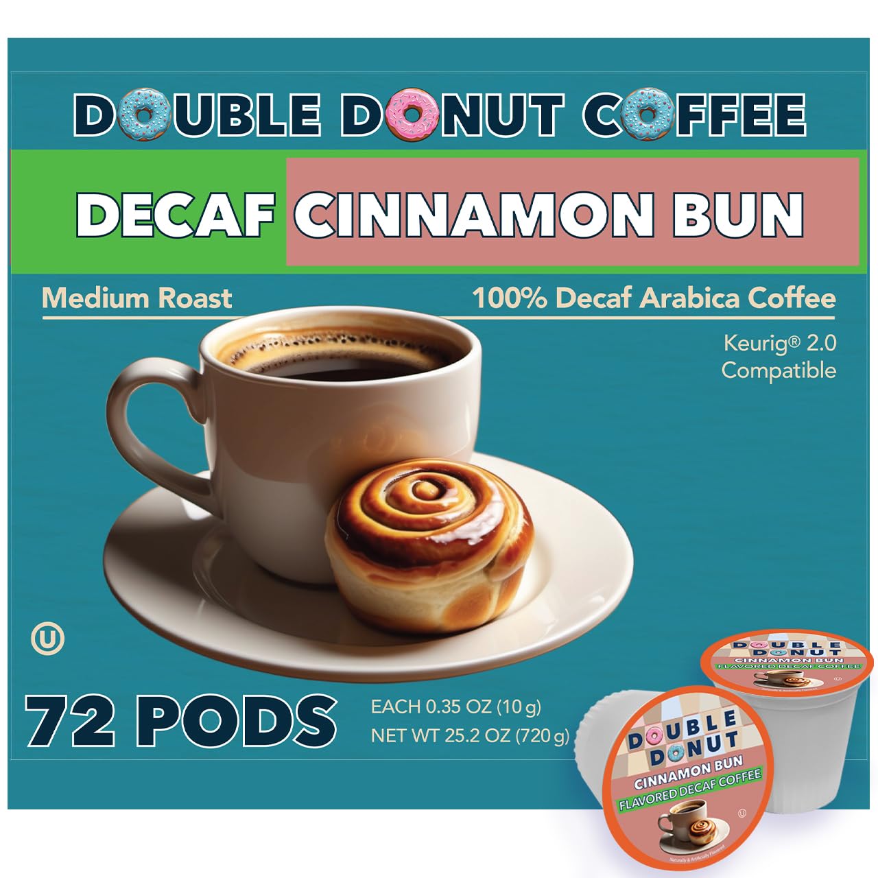 Double Donut Decaf Cinnamon Bun Flavored Coffee Pods 72 Count