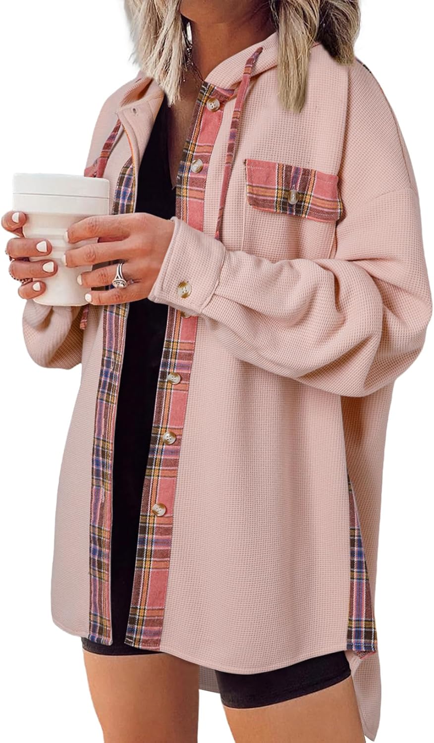 SHEWIN Womens Waffle Knit Plaid Shacket for Stylish Comfort