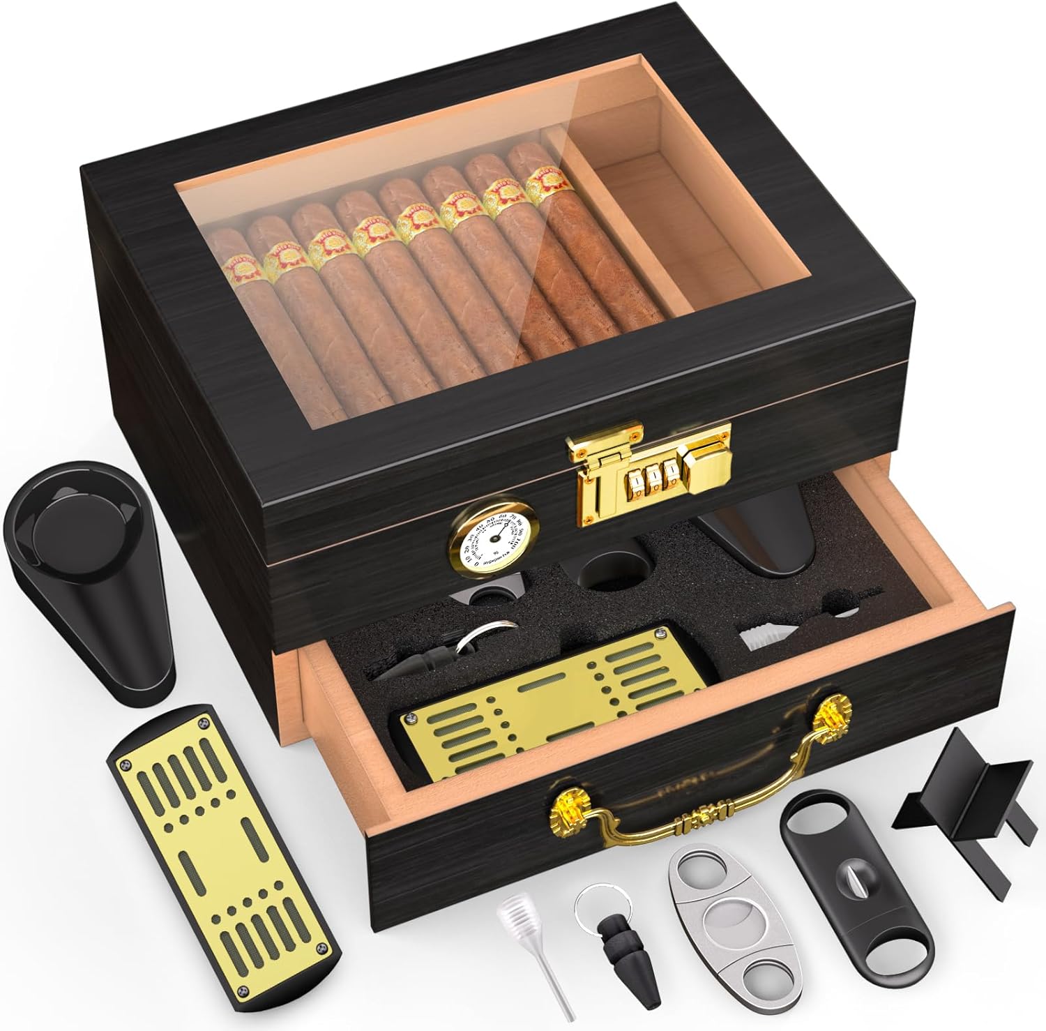 Lockable Cigar Humidor with Cedar Lining and Complete Accessories