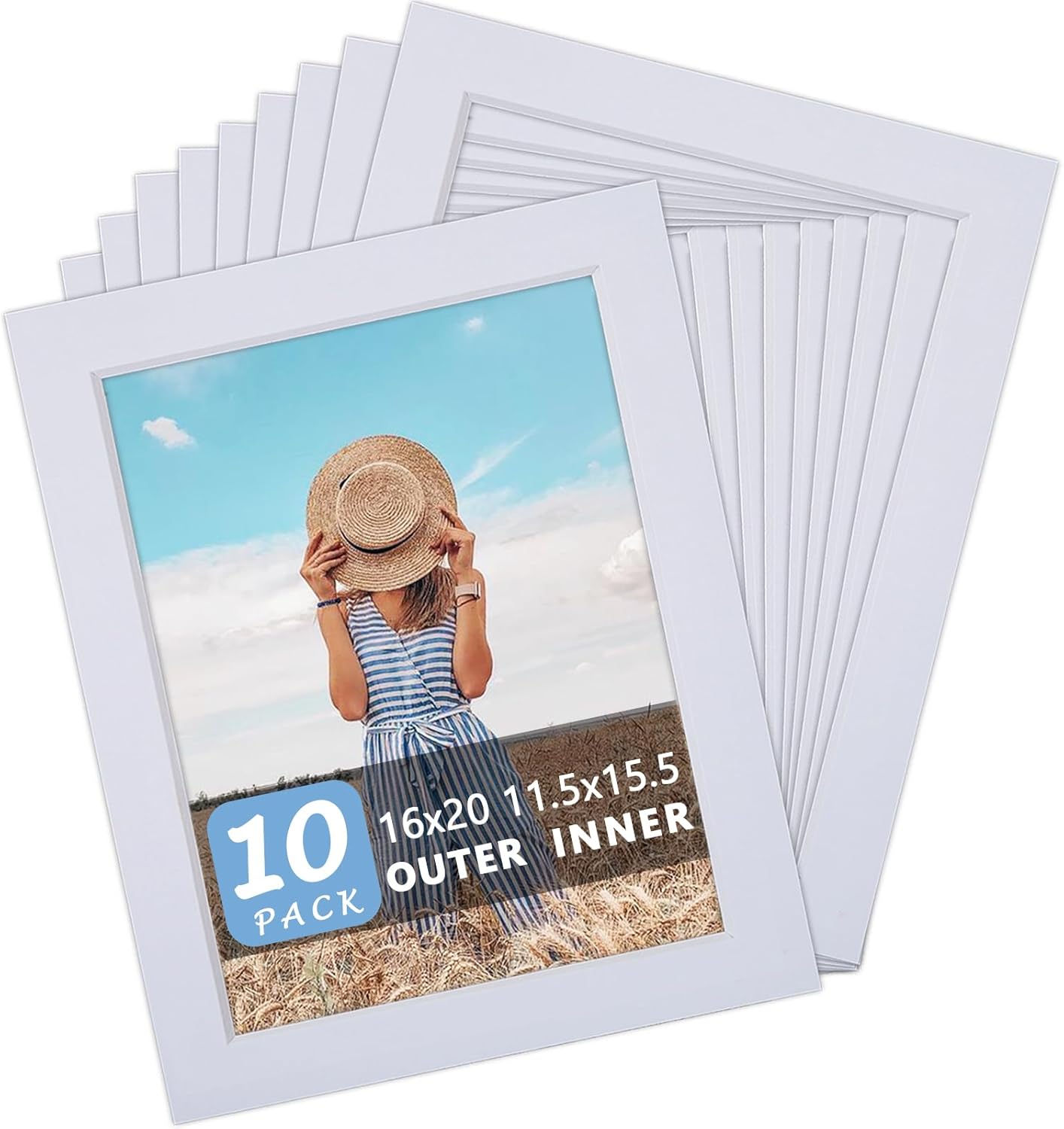 Somime 10 Pack Pre-Cut 16x20 White Picture Mats for Photos